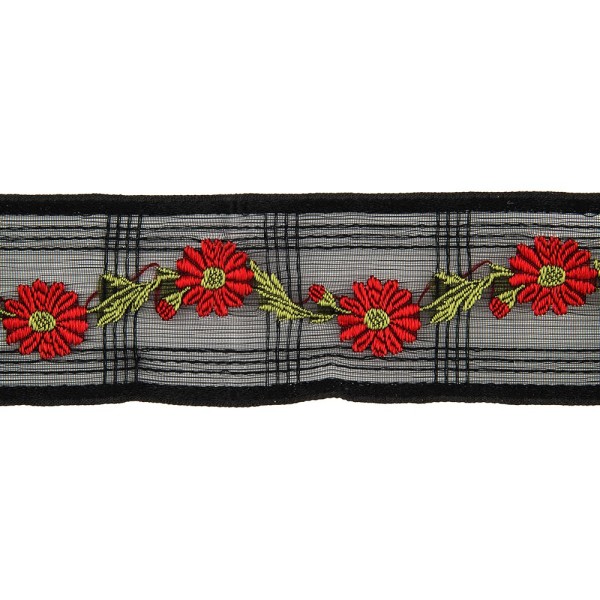 JACQUARD TRIMMING EMBROIDERED DAISY 40MM - RED-BLACK