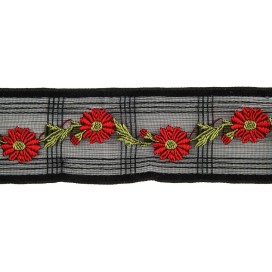 JACQUARD TRIMMING EMBROIDERED DAISY 40MM - RED-BLACK