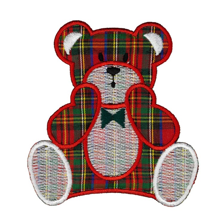 IRON ON EMBROIDERED TARTAN BEAR  MOTIF - RED