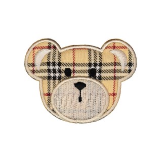 IRON ON EMBROIDERED TARTAN BEAR  MOTIF - BEIGE