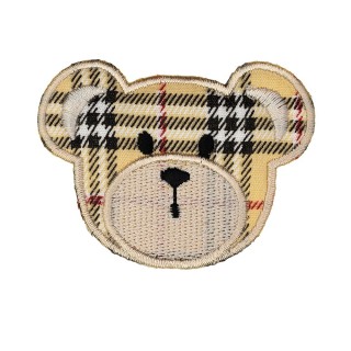 IRON ON EMBROIDERED TARTAN BEAR  MOTIF - BEIGE