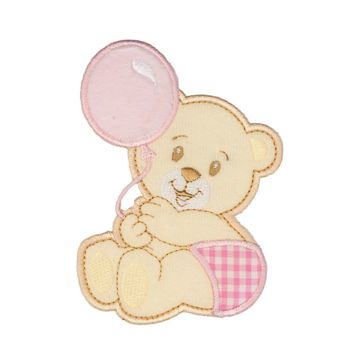 IRON ON EMBROIDERED GINGHAM BEAR  MOTIF - PINK